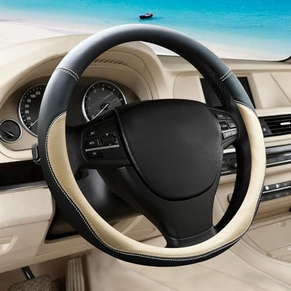 Beige Car Steering Wheel Cover, Nappa Leather, Bottom Color Blocking, Universal 14.5-15 Inch Leather Anti-Slip Breathable Auto Steering Wheel Covers for Men Women - color: Beige