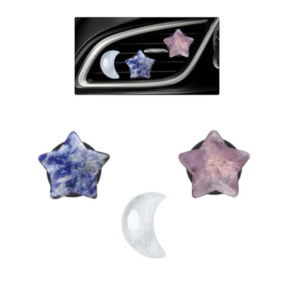 ORIESSE Moon Stars Car Decor,Boho Air Vent Clips,Refillable Car Fresheners,3pcs Natural Crystal Stone Hippie Dashboard Decorations Accessories,Best Wishes for Lover and Friend (Blue & Purple)