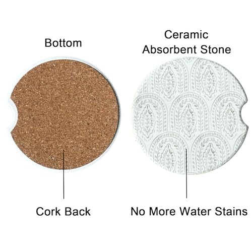 Beige Leaves Car Cup Holder Coasters 2 Pack Boho Absorbent Ceramic Cup Coaster with Cork Base 2.56 Inch Universal Fit for Car Interior Accessories