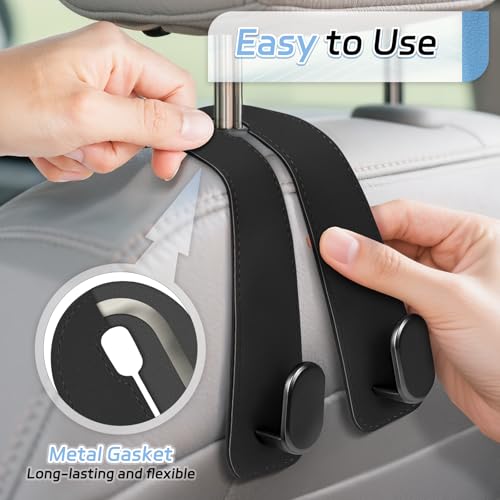 Car Seat Headrest Hooks - 2 Pack Universal Car Purse Hook, Leather Car Bag Purse Holder with Double Metal Hooks for Handbags, Grocery Bags, Bottles, Phones - color: Black