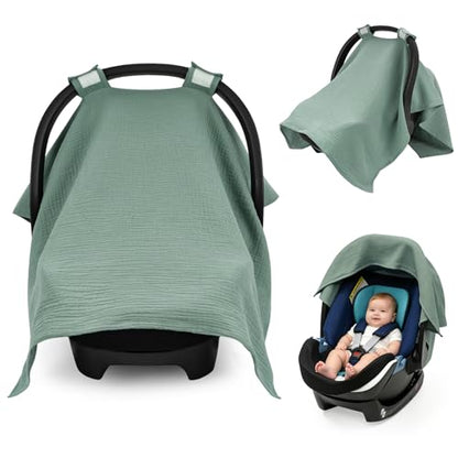 SERAPHY 100% Muslin Cotton Car Seat Cover Baby, Universal Carseat Covers, Breathable Baby Car Seat Canopy for Boys Girls, Soft Infant Car Seat Cover for Summer —Green - color: Green
