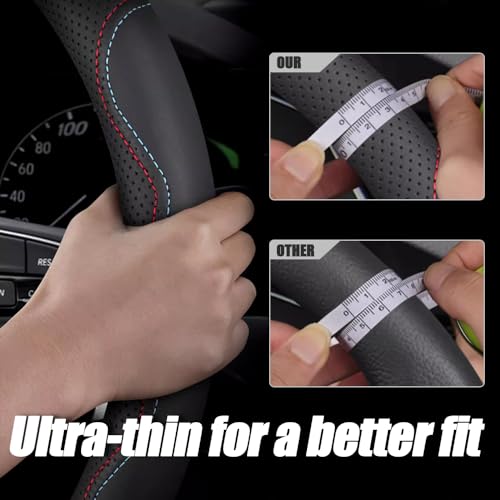 LKWLIKEI Nappa Premium Leather car Steering Wheel Cover, Non-Slip, Breathable, Universal 15 inches,Black and red Blue line - color: Black-B
