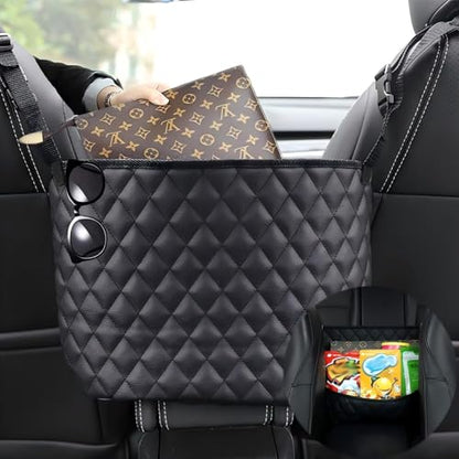 Car Net Pocket Handbag Holder，Purse Holder for Between Seats，Leather Seat Back Organizer Mesh Large Capacity Bag，Handbag Between The Two Seats - color: Black