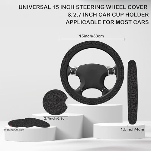 Black Damask Flower Steering Wheel Cover for Women, Anti-Slip Car Steering Wheel Cover with 2 Pcs Cup Holders Neoprene Breathable Car Accessories Universal 15 Inch Auto Interior Decor