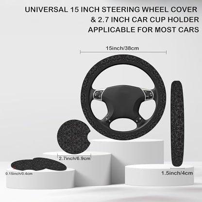 Black Damask Flower Steering Wheel Cover for Women, Anti-Slip Car Steering Wheel Cover with 2 Pcs Cup Holders Neoprene Breathable Car Accessories Universal 15 Inch Auto Interior Decor
