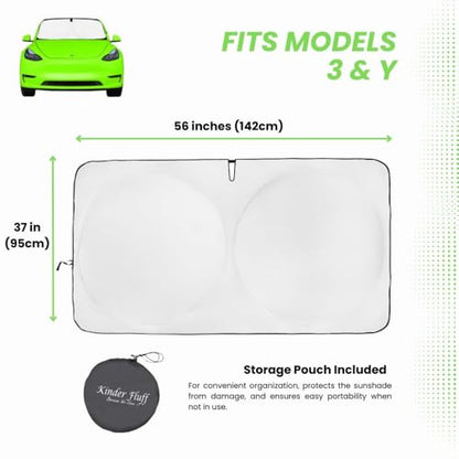 Windshield Sun Shade Compatible for Tesla Model 3/Y | Certified 99.87% UVB & 99.02% UVA Car Sun Shade. Award Winning Sunshade - Patented Technology | Car Shades by Kinder Fluff - size: Model 3/Y
