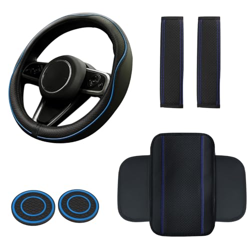 Wuyaoyao 6PCS Car Steering Wheel Cover Set, 14.5-15 inch Leather Steering Wheel Cover w/Center Console Armrest Pad, Seat Belt Cushion Pads, Cup Holder Coasters, Car Accessories Set (Black+Blue)