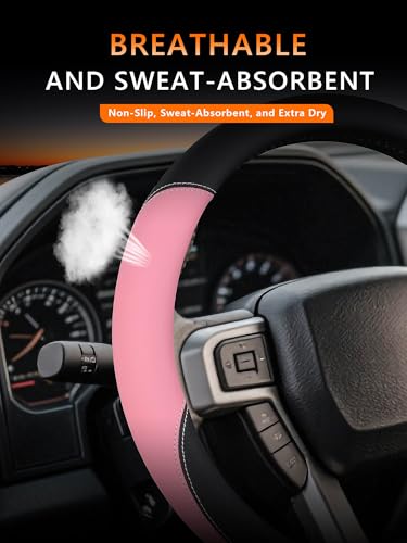 Leather Steering Wheel Cover for Ford F150/F250/F350, 15.5-16 Inch Truck Steering Wheel Grip, Breathable & Anti-Slip, Premium Semi Car Accessories (Pink) - color: Pink