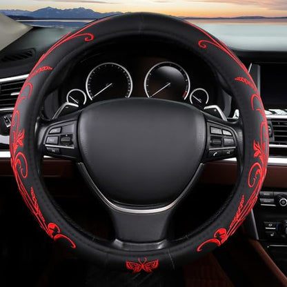 Red Embroidery Butterfly Car Steering Wheel Cover,14.5-15 Inch Universal Leather Covers Breathable Anti-Slip Odorless Steering Wheels Accessories for Men Women - color: Embroidery Red