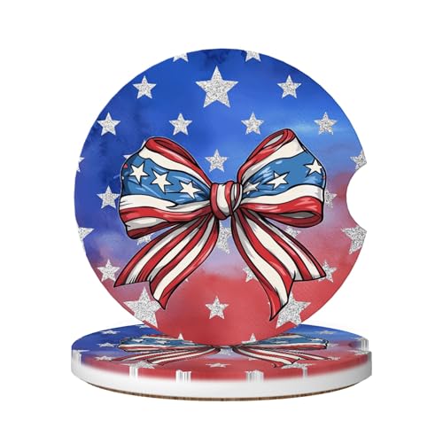 Absorbent Car Coasters for Cup Holders, 2 Pack Universal Anti Slip Ceramic Cup Coaster for Women Men 2.56 Inch Car Interior Accessories - Bow Tie Stars and Stripes 019 - color: Bow Tie Stars and Stripes 019