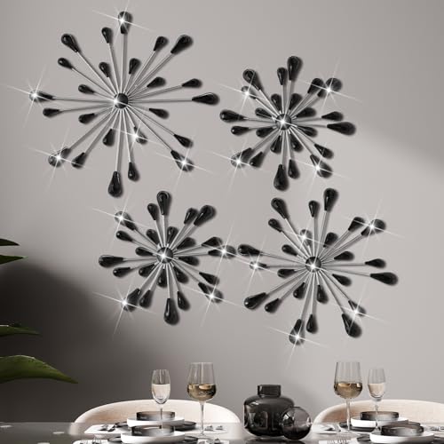 Hicarer 4 Pcs Starburst Wall Decor Bling Wall Art Crystal Teardrop 3D Hanging Rhinestone Radial Metal Artwork Modern Accent Sculptures Decorations for Living Room Home Office Bedroom(Black Diamond) - color: Black Diamond
