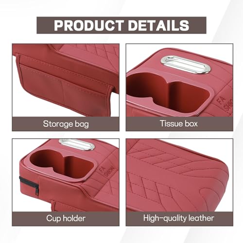Car Center Console Armrest Pillow, 13.4"×7.5"×2" Leather Auto Arm Rest Cover with Pocket & Tissue Box & Cup Holder, Multifunctional Vehicle Armrest Cushion Pad, Car Accessories (Red)