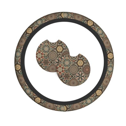 Bohemia Steering Wheel Cover with 2 Car Coasters Non Slip Neoprene for Women Men Universal 15 Inch - color: Bohemia