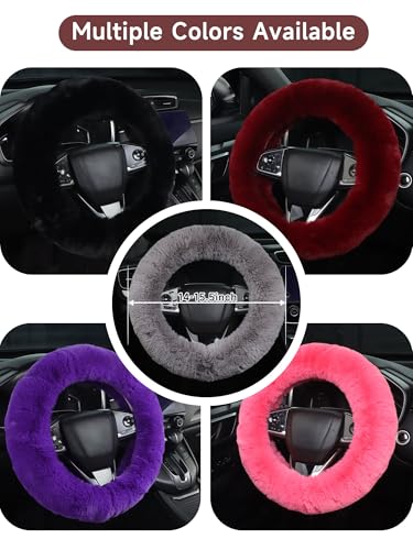 Cute Fluffy Steering Wheel Cover - 14-15 inch Fuzzy Warm Soft Plush Wool Fur Car Accessory for Women, Men, Girls (Burgundy) - color: Burgundy