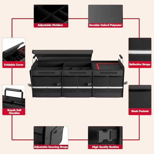 MEI&CO Car Trunk Organizer - 2.5mm PP Board Built, 35L Leakproof Cooler, 105L Capacity, 2 Tie-Down Straps, 4 Adjustable Dividers, Foldable Design for SUVs, Trucks, and Cars