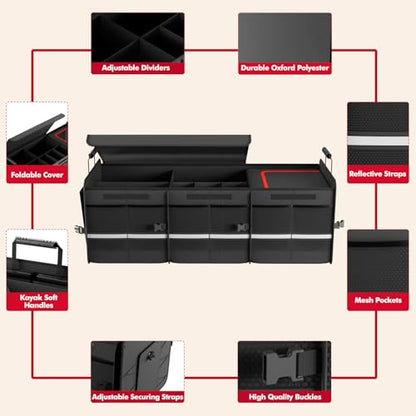 MEI&CO Car Trunk Organizer - 2.5mm PP Board Built, 35L Leakproof Cooler, 105L Capacity, 2 Tie-Down Straps, 4 Adjustable Dividers, Foldable Design for SUVs, Trucks, and Cars
