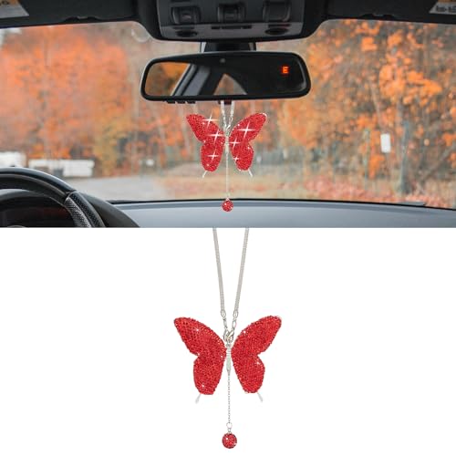 Bling Butterfly Diamond Car Accessories, Crystal Car Rear View Mirror Charms for Women, Car Decoration Lucky Hanging Interior Crystal Ornament Pendant Decor for All Cars (Red) - color: Red