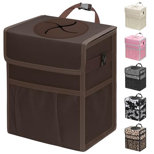 Capolo Car Trash Can with Lid, Leakproof Car Trash Bag Hanging Waterproof Automotive Garbage Can with Storage Pockets Mini Vehicle Trash Bin for Back/Front Seat(Brown,2.5 Gallon) - color: Brown, size: 2.5 Gallons