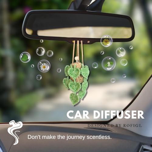 ROFIGL Handmade Crochet Hanging Car Air Freshener- Lifelike Green Pothos for Hanging with 12ml Thick Refillable Glass Diffuser Bottle, Suitable Decor for Car Rearview Mirror, Home & Wellness Spaces - style: Green Pothos