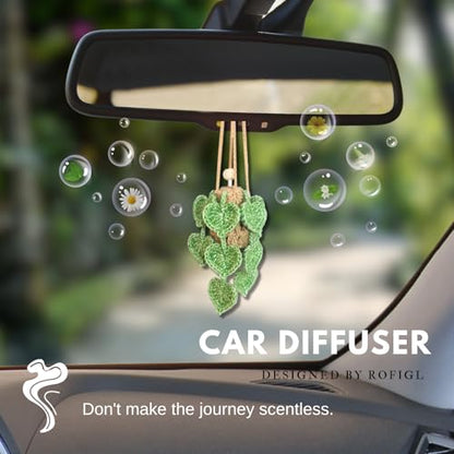 ROFIGL Handmade Crochet Hanging Car Air Freshener- Lifelike Green Pothos for Hanging with 12ml Thick Refillable Glass Diffuser Bottle, Suitable Decor for Car Rearview Mirror, Home & Wellness Spaces - style: Green Pothos