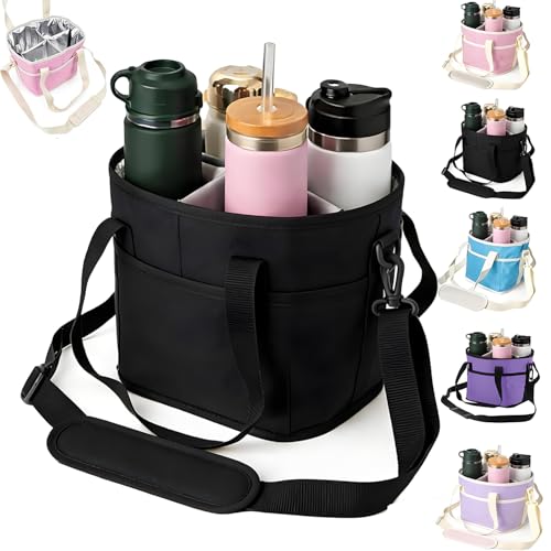 Drink Carrier Bag for 4 Cups, Insulated Drink Carrier with 4 Compartments, Portable Tumbler Holder with Adjustable Strap, Drink Caddy Tote for Coffee, Travel, Takeout & Outings (Black) - color: Black