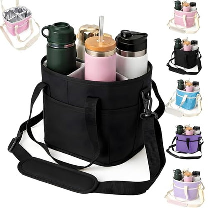 Drink Carrier Bag for 4 Cups, Insulated Drink Carrier with 4 Compartments, Portable Tumbler Holder with Adjustable Strap, Drink Caddy Tote for Coffee, Travel, Takeout & Outings (Black) - color: Black