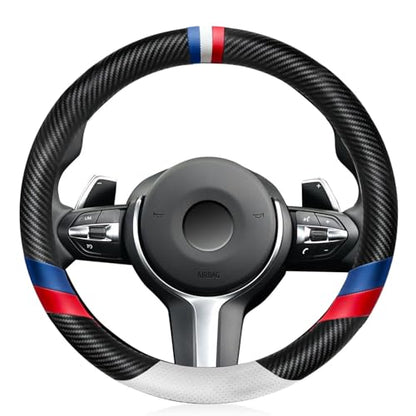 Carbon Fiber Leather Sport Car Steering Wheel Cover Sports Steering Wheel High-Grade Leather Set Stylish Non-Slip Leather car Interior 15 inches for All Car Steering Wheel Cover
