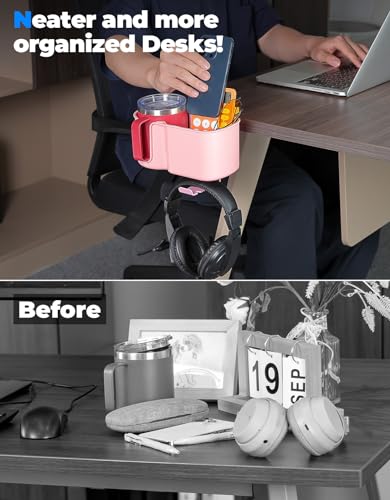 KEMIMOTO Desk Cup Holder with Headphone Hanger, 2 in 1 Caddy Organizer for Office Table, Lawn Chair, Golf Cart, Pontoon Boat, Fit for Most 18-32 oz Bottles - color: Pink