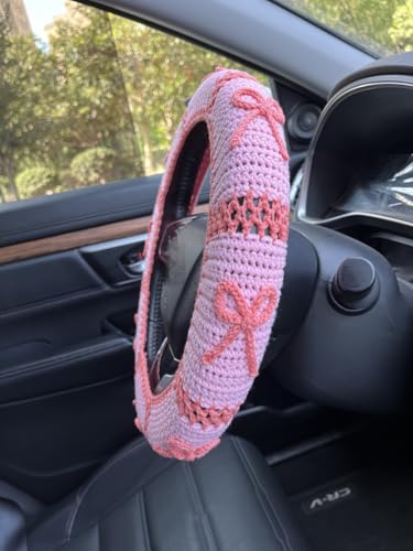 Handmade Crochet Pink Bow Car Steering Wheel Covers Universal 14-15 inch,Cute Steering Wheel Cover,Car Accessories (A,Steering Wheel Cover) - color: A,steering Wheel Cover