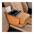 Car Center Console Armrest Pillow, Memory Foam Leather 4 in 1 Vehicle Arm Rest Cover with Tissue Box 2 Side Storage Bag Cup & Phone Holder, Auto Armrest Cushion, Universal Fit (Orange)