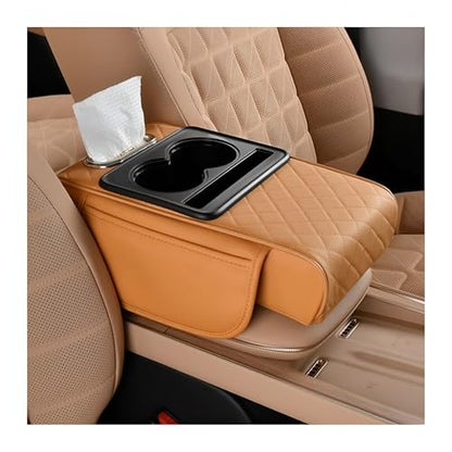 Car Center Console Armrest Pillow, Memory Foam Leather 4 in 1 Vehicle Arm Rest Cover with Tissue Box 2 Side Storage Bag Cup & Phone Holder, Auto Armrest Cushion, Universal Fit (Orange)