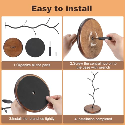 Mug Tree Holder, Bronze Metal Leaf Branch & Solid Wood Base Mug Holders, Countertop Coffee Mug Trees Organizer for Kitchen, 4 Hooks, Sleek Modern Decor for Coffee Station
