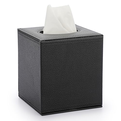 Sumnacon Tissue Box Cover Square Tissue Box Stylish PU Tissue Box Holder with Magnetic Bottom,Leather Cube Tissue Cover for Living Room Bathroom Bedroom Table Desk Home Office Car, Black - color: Black