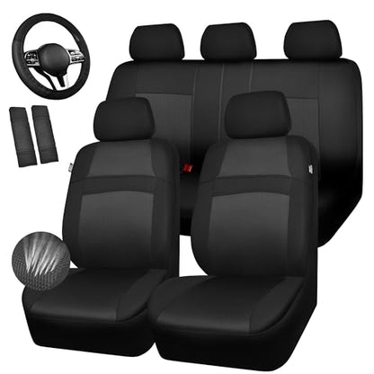 CAR PASS Universal 13PCS 3D Air Mesh Car Seat Covers -100% Breathable Seat Covers Full Sets Steering Wheel and Belt Cover Airbag and Rear Split Bench Compatible for Automotive SUV Truck (Pure Black) - color: Black, size: Full set