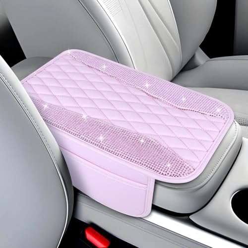 wuyaoyao Bling Leather Car Center Console Cover, 12.2"×7.5" Crystal Rhinestone Arm Rest Cover for Cars, Bling Auto Armrest Protector with 2 Side Pockets, Interior Car Accessories (Full Pink) - color: Full Pink