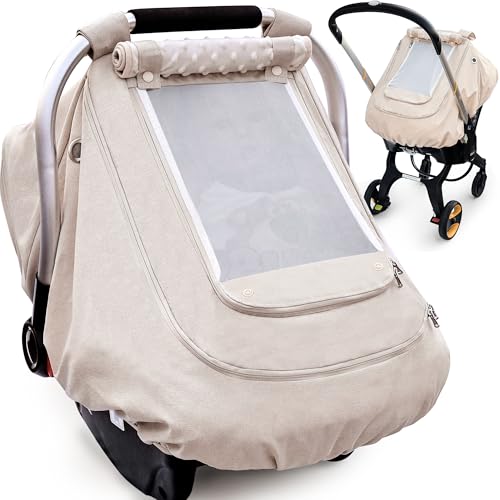 Waterproof Baby Car Seat Cover，YVMVDV Patented Cold Weather Carseat Cover for Babies,Infant Car Seat Cover Canopy for Boy Girls, Keeps Babies Warm and Cozy (Beige) - color: Thick-Beige