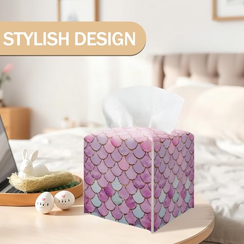 Mermaid Scales Pink Tissue Box Cover, Square Leather Tissue Box Cover Holder Facial Paper Organizer, Decorative Facial Paper Organizer for Bathroom, Home Office Car Decorations - color: Purple