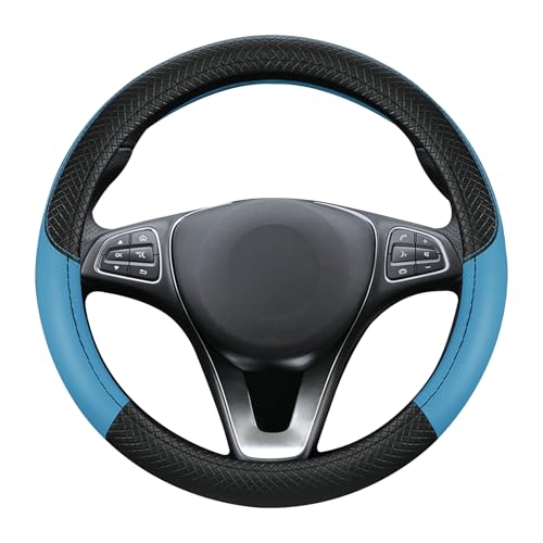 Leather Patchwork Black Blue Steering Wheel Cover, 14.5-15 Inch Non-Slip Breathable Microfiber Car Steering Wheel Protector - color: Leather Patchwork - Black Blue