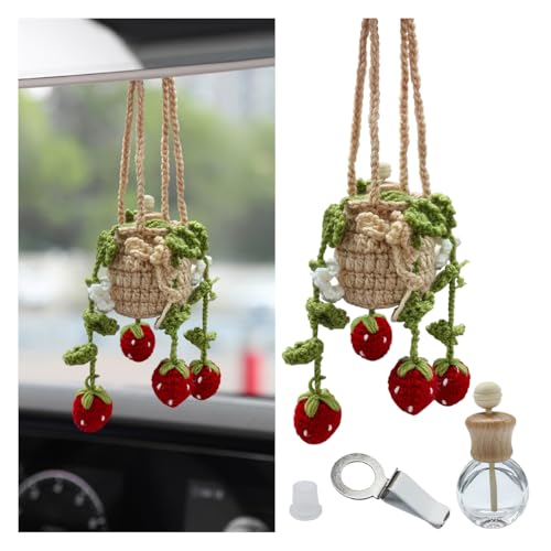 Crochet Hanging Plant Car Pendant - 12ml Empty Refillable Glass Bottle and Cute Potted Plant Car Rear View Mirror Charm - Handmade Knitted Ornament (Strawberry)