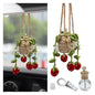 Crochet Hanging Plant Car Pendant - 12ml Empty Refillable Glass Bottle and Cute Potted Plant Car Rear View Mirror Charm - Handmade Knitted Ornament (Strawberry)