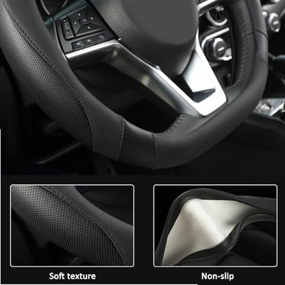Flat Bottom Car Steering Wheel Cover for Nissan,D Shaped Steering Wheel Cover for Rogue,Altima,Kicks (Black-Standard Size)