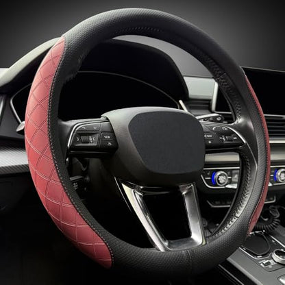 LKWLIKEI Nappa Leather Steering Wheel Cover,Elegant Diamond Checkered Design, Non-Slip wear-Resistant, Enhance Driving Comfort, Suitable for Steering Wheel Diameter 14 1/2‘-15’ Models - color: Black and burgundy