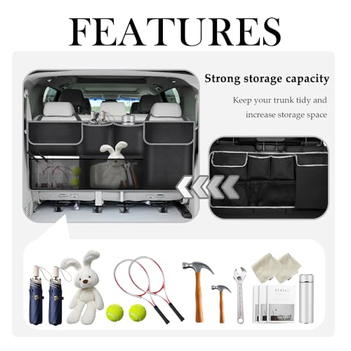 Large Capacity Car Trunk Organizer,Six Pockets Trunk Storage Organizer with Adjustable Straps,Wear-Resistant Oxford Fabric Hanging Trunk Organizer for Car Truck SUV