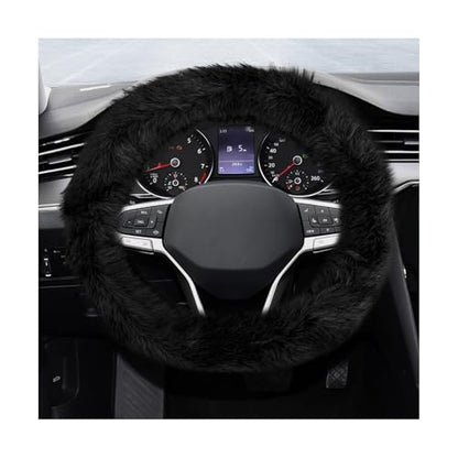 Fluffy Steering Wheel Cover, 15 Inch Anti-Slip Microfiber Plush Fuzzy Steering Wheel Cover, Winter Warm Elastic Fuzzy Steering Wheel Covers for Women and Men, Car Accessories (Black) - color: Black