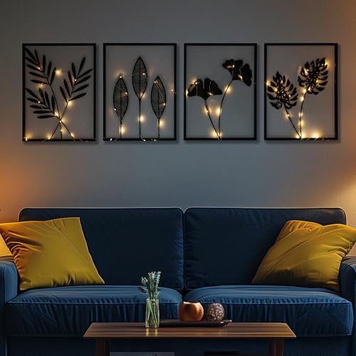 QXSXKJ Black Metal Wall Decor Framed, 3d Modern Metal Wall Art with Light, Minimalist Abstract Black Line Art DéCor, 4 Piece Home Art for Living Room Bedroom Bathroom - size: With Light 16"L x 11"W