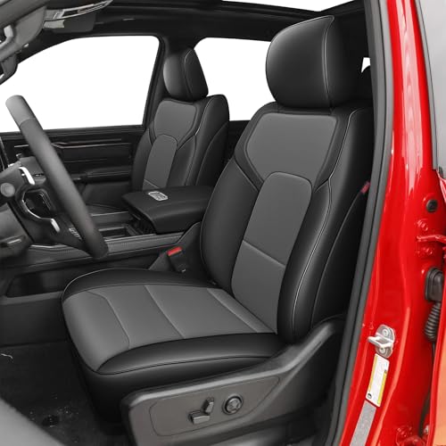 Custom Fit Seat Covers for Ram 1500: 2019 2020 2021 2022 2023 2024 2025 2026 Faux Leather Car Seat Covers Truck Full Set Black+Gray