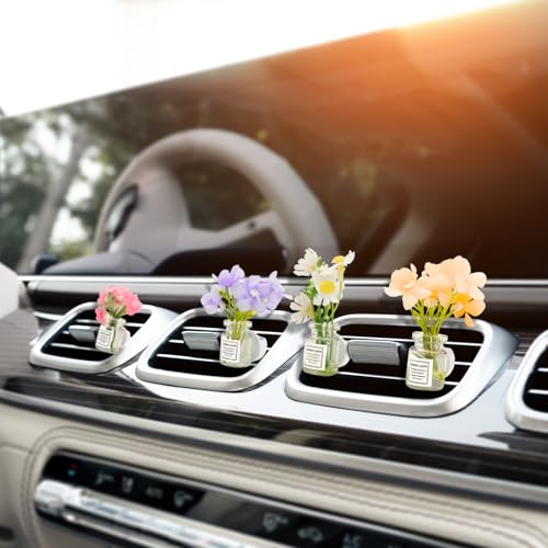 4 Pack Flowers Car Vent Clips, Cute Daisy Plants Vase Air Conditioning Outlet Clip with Fragrance Pads, Charm Scent Perfume Automotive Interior Decorations for Women