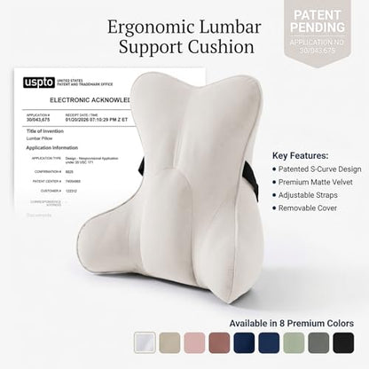Lumbar Support Pillow(Pat. Pend) – Multi-Functional Ergonomic Back Cushion for Sofa Chair, Car Seat & Sofa, Reading Pillow with Firm Multi-Zone Support to Relieve Lower Back Pain, Misty White