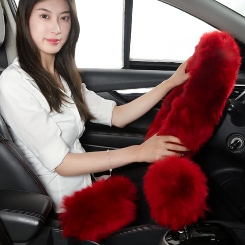 Fuzzy Genuine Sheepskin Steering Wheel Cover Set for Women Parents-Fluffy Soft Australian Merino Wool Wrap with Gear Shift and Hand Brake Covers, Cozy Stylish Luxury Car Accessories (Red) - color: Red