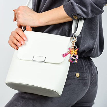 JINGUAZI Initial letter Keychains for Women Tassel Butterfly Pink Purple Cute Car Keychain for Wallet Backpack bag charm - color: B-pink